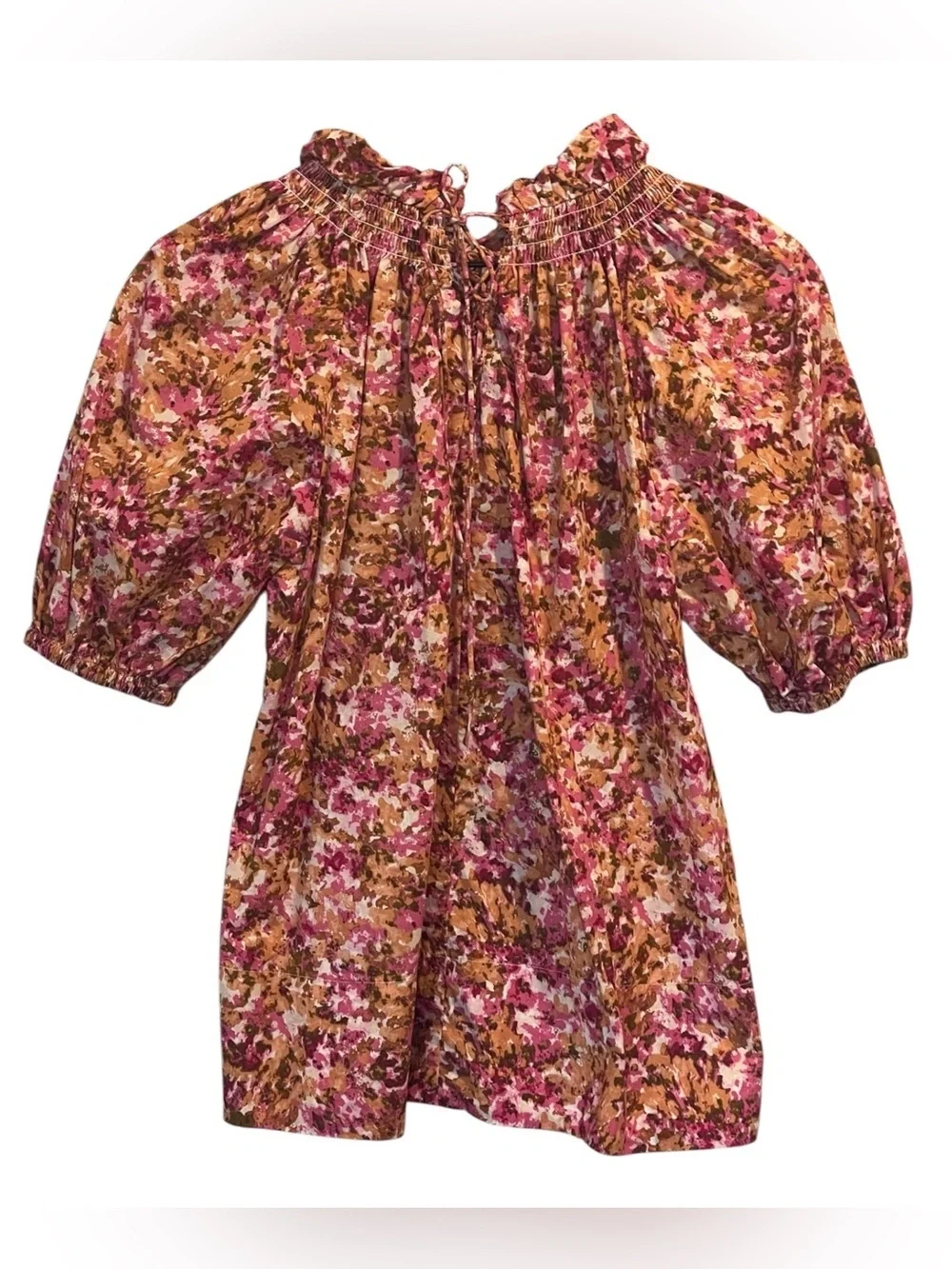 J. Crew Smocked Puff-Sleeve Blouse, Ties In Back, Pink Faded Floral, Size XXS